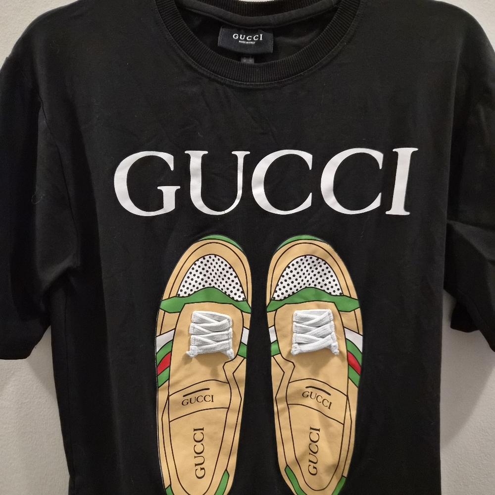 Gucci Black Tee with Green and Gold Design